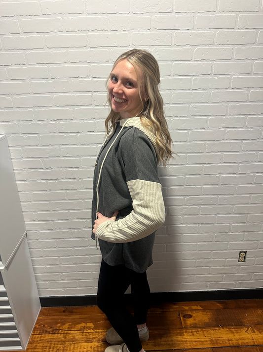 Colorblock Hoodie Sweatshirt with Button Detail