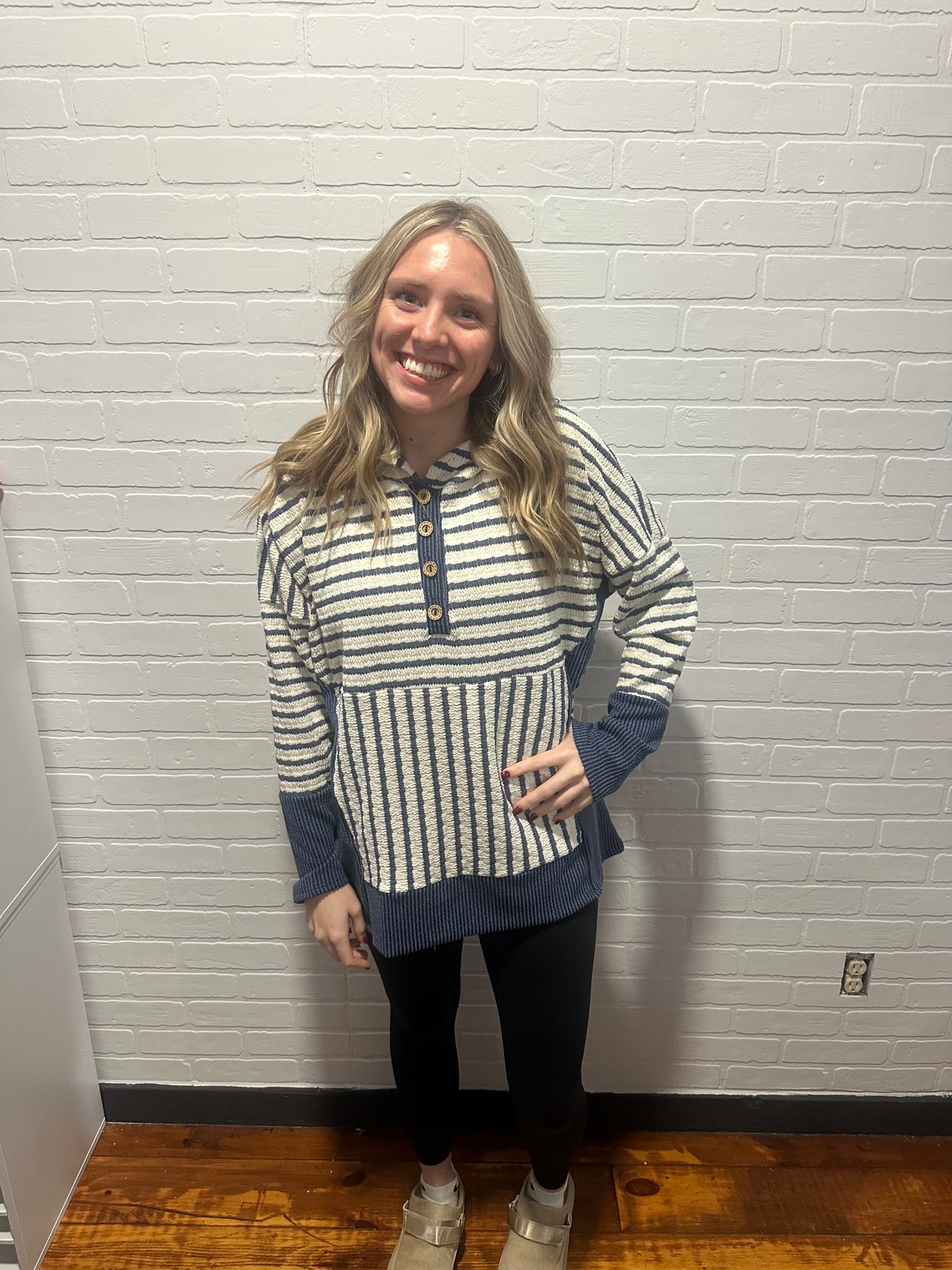 Long Sleeve Stripe and Solid Contrast Hoodie Top