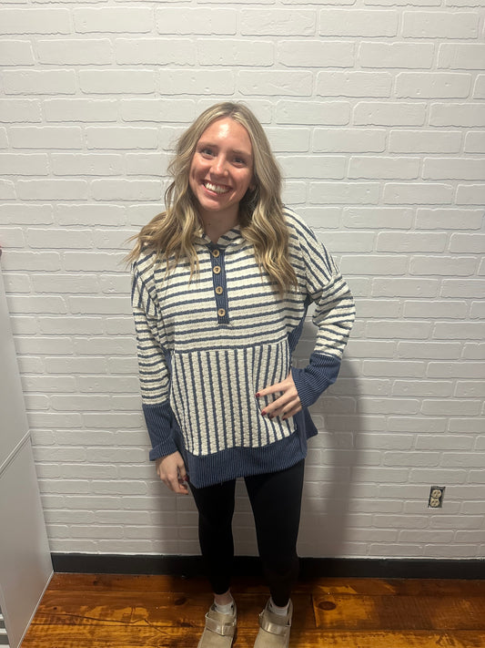 Long Sleeve Stripe and Solid Contrast Hoodie Top