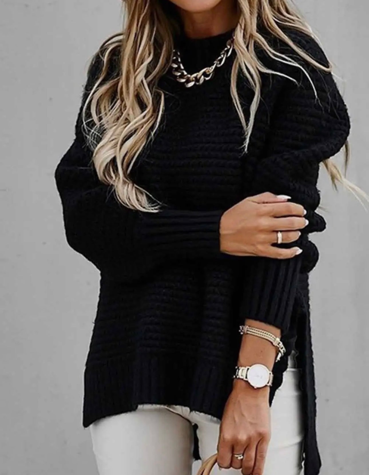 Solid Color Pullover Slide Split Sweater