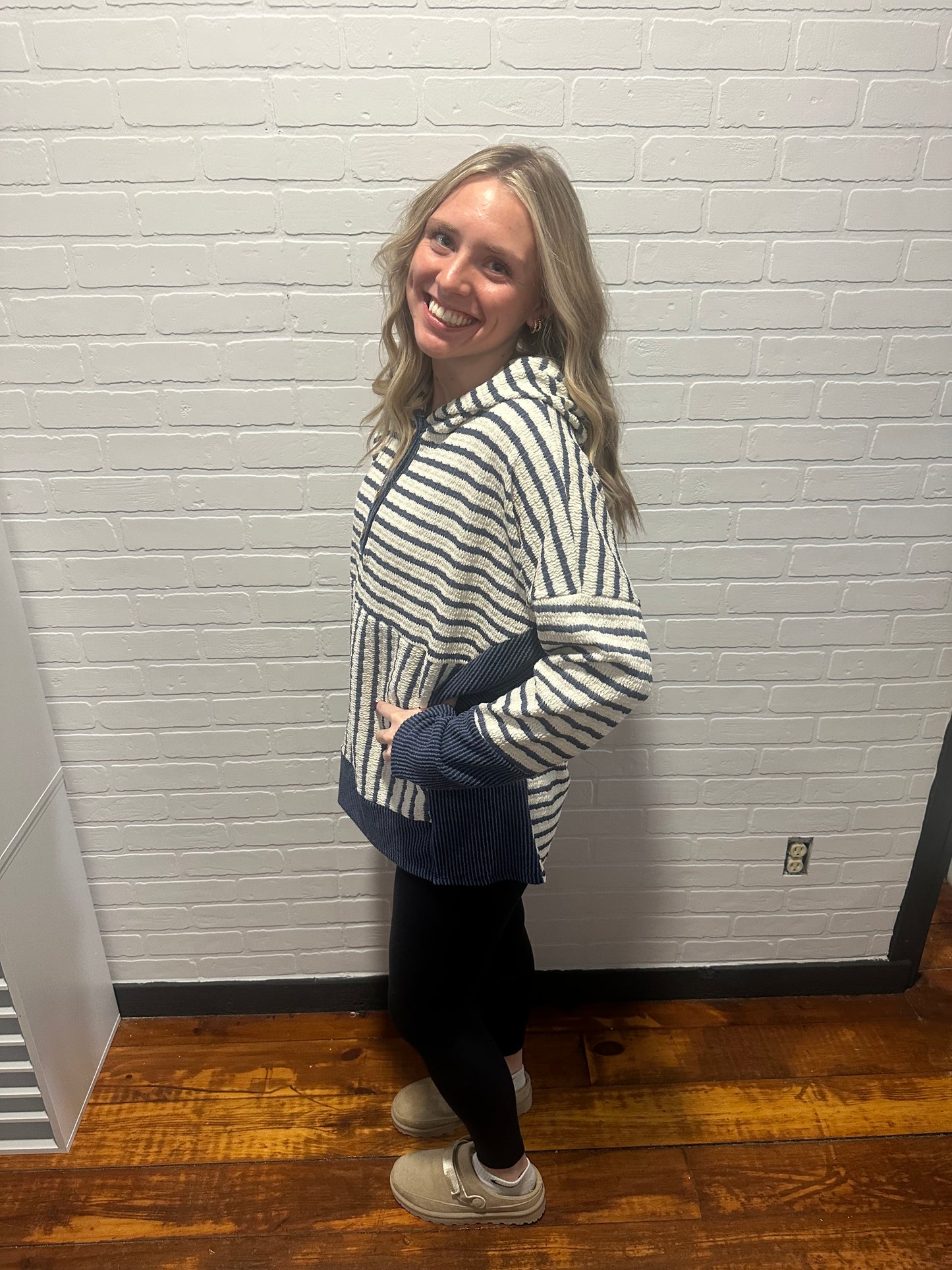 Long Sleeve Stripe and Solid Contrast Hoodie Top