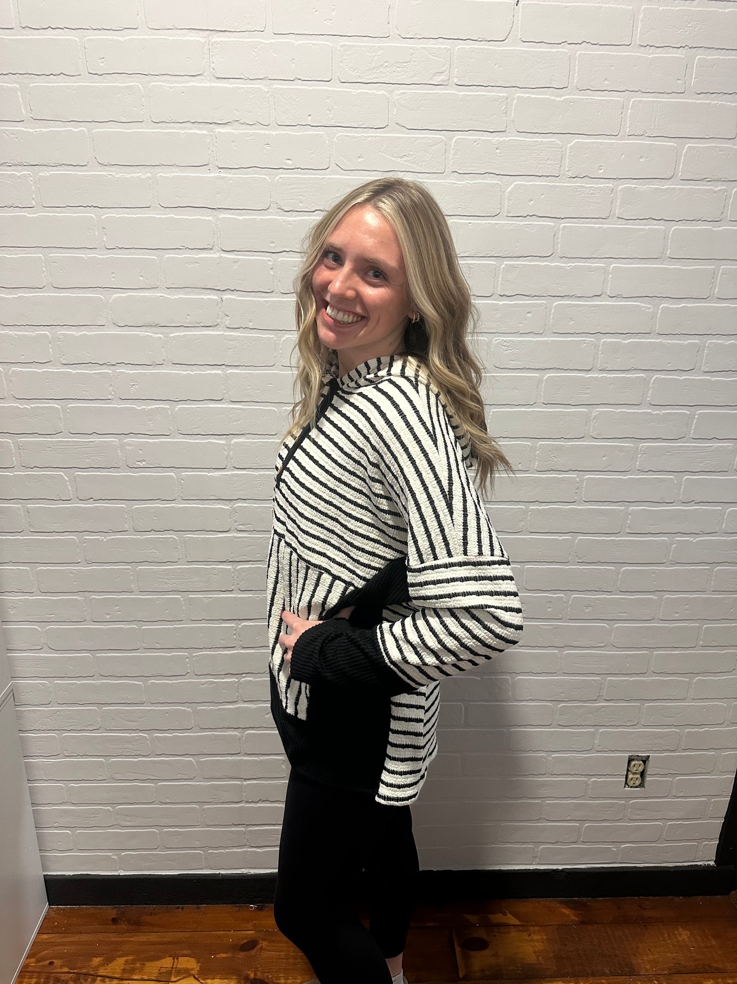 Long Sleeve Stripe and Solid Contrast Hoodie