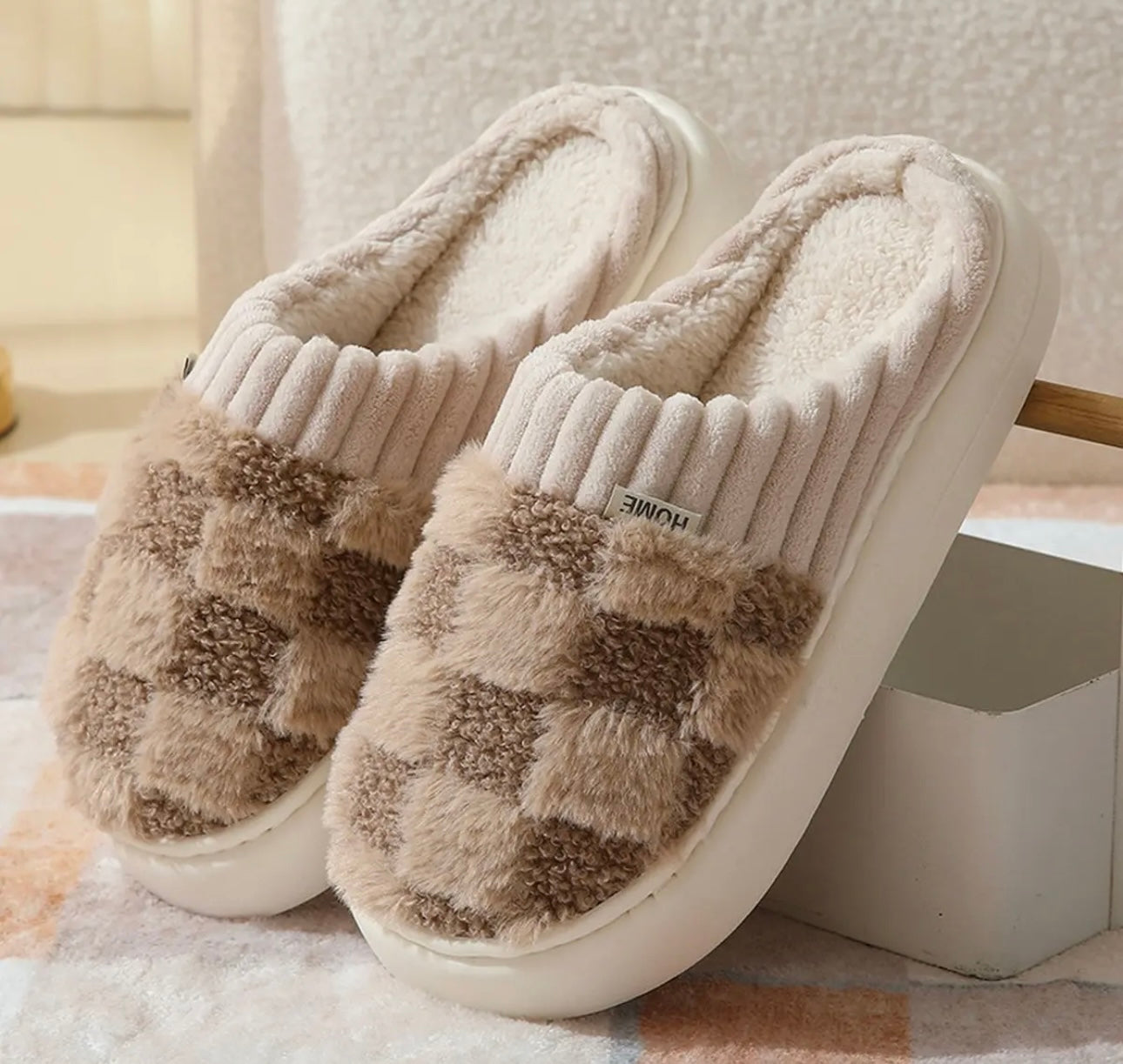Checkered Fuzzy Warm Slippers