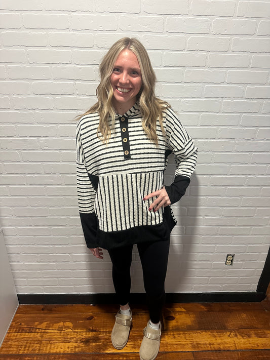 Long Sleeve Stripe and Solid Contrast Hoodie