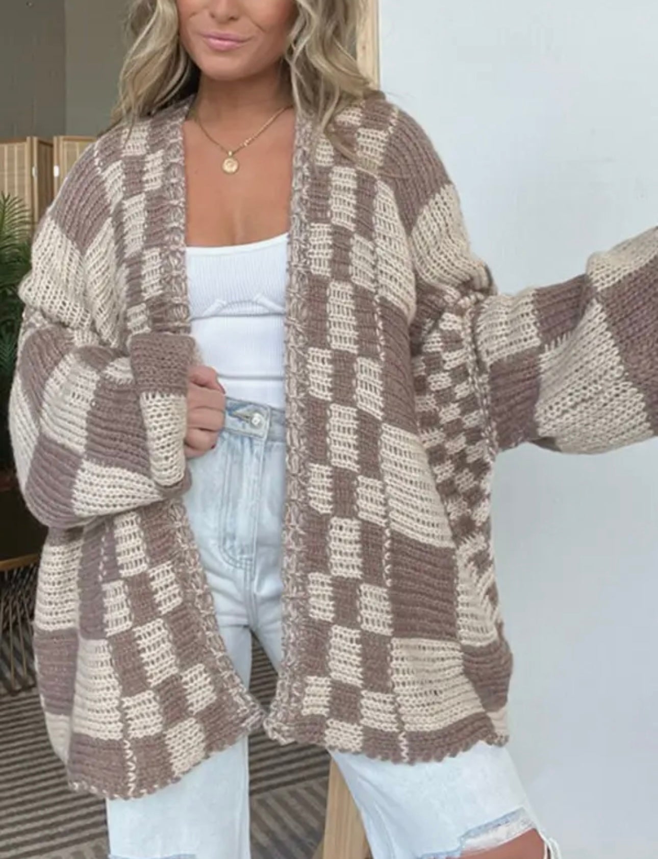 Boxy Checkerboard Knit Cardigan