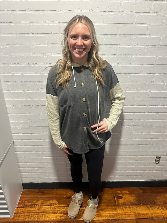 Colorblock Hoodie Sweatshirt with Button Detail